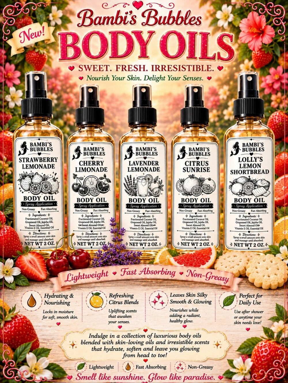 New! Lemonade Collection 2oz Body Oils Assorted Sniffs